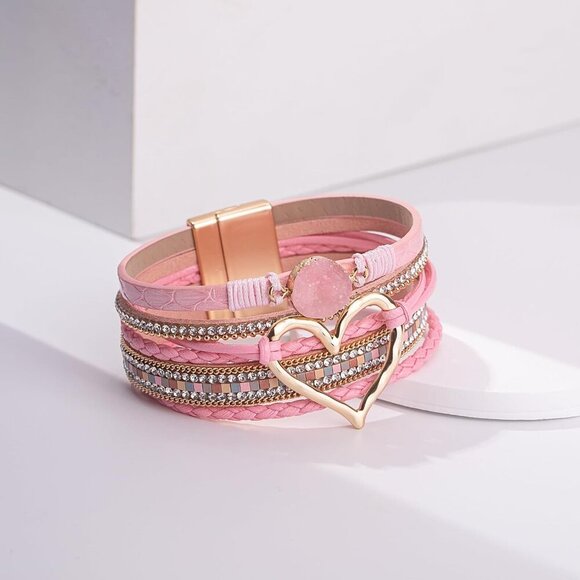 Heart Leather Wrap Bracelets Stackable Boho Cuff Bangles Trendy Resin Stone - Picture 5 of 9